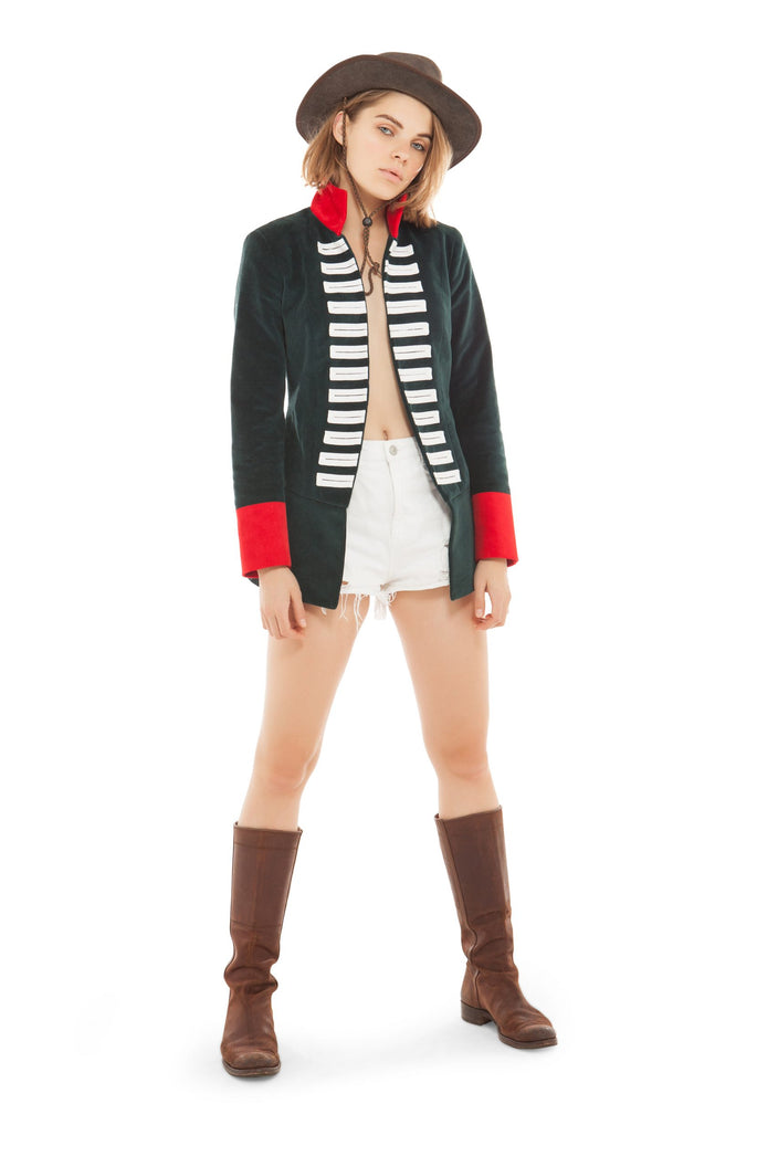 Hunter Green Velvet Jacket with Red Collar and Silver Taping | Festivalia