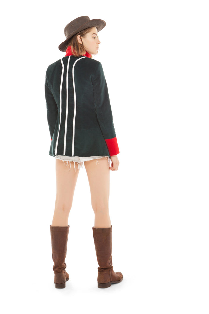 Hunter Green Velvet Jacket with Red Collar and Silver Taping | Festivalia