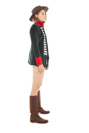 Hunter Green Velvet Jacket with Red Collar and Silver Taping | Thumbnail 3