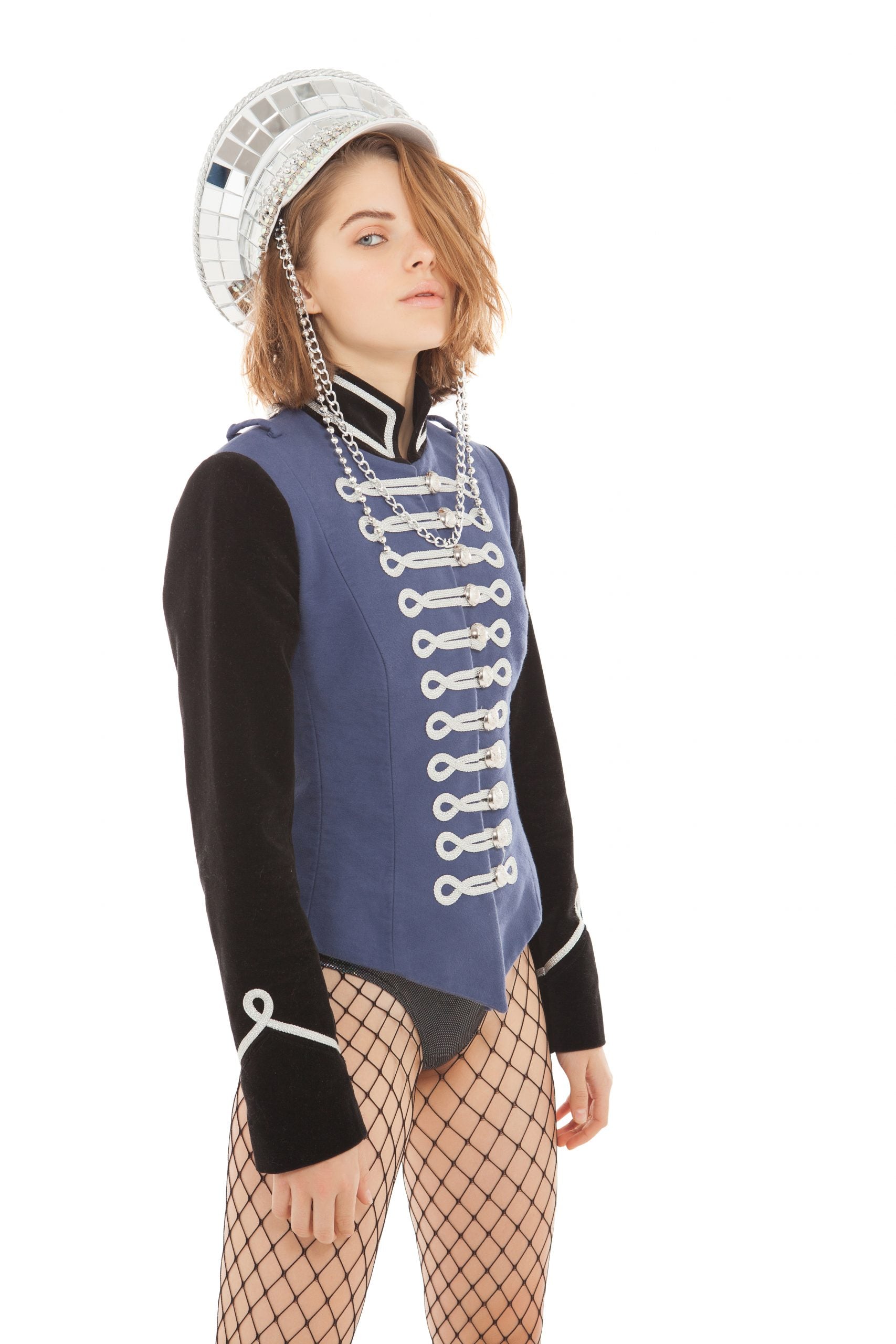 Heather Blue Moleskine V-Cut Jacket with Black Velvet Sleeves | Festivalia