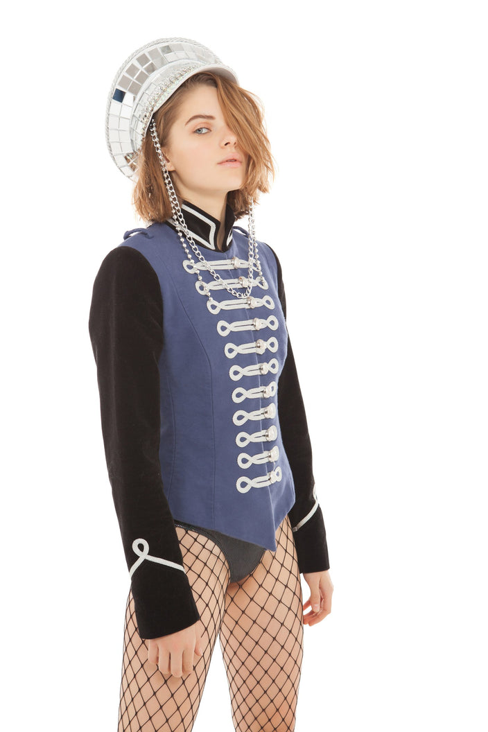 Heather Blue Moleskine V-Cut Jacket with Black Velvet Sleeves | Festivalia