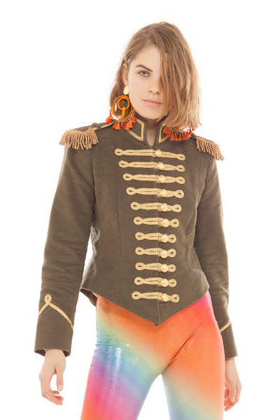 Military Green Moleskine V-Cut Jacket | Festivalia