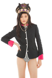 Black Moleskine Jacket with Hot Pink Velvet Collar | Thumbnail 1