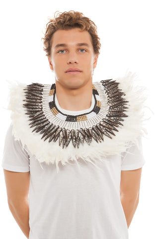 Men's Black Shell and White Feather Collar with Beading