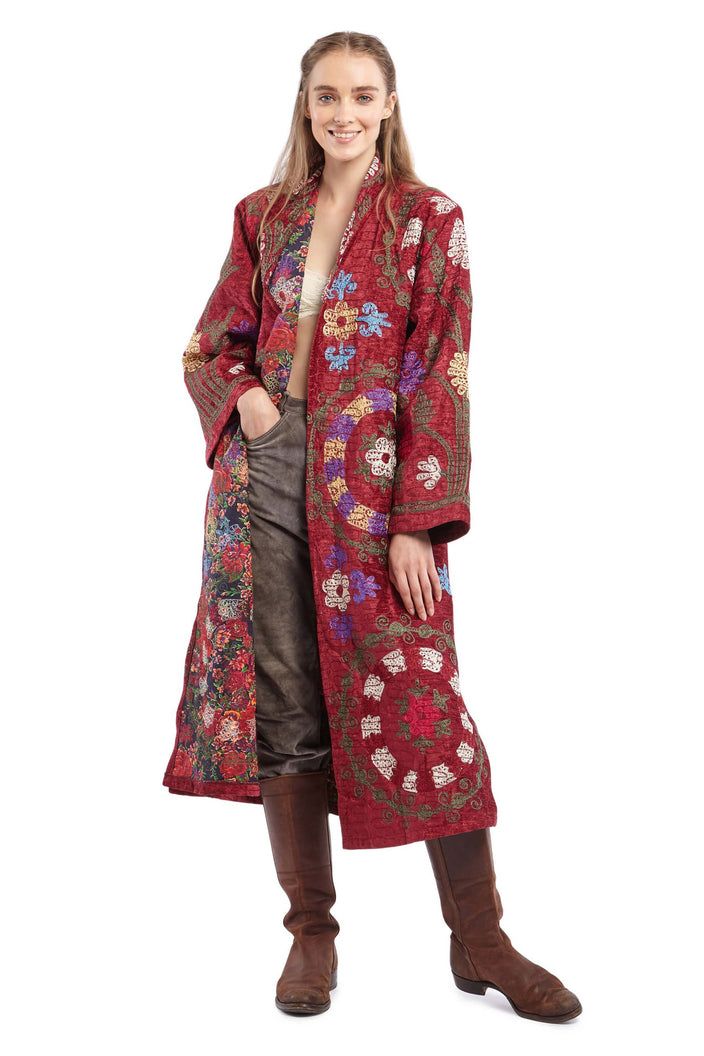 Burgundy Red and Circle Pattern Embroidered Robe | Festivalia