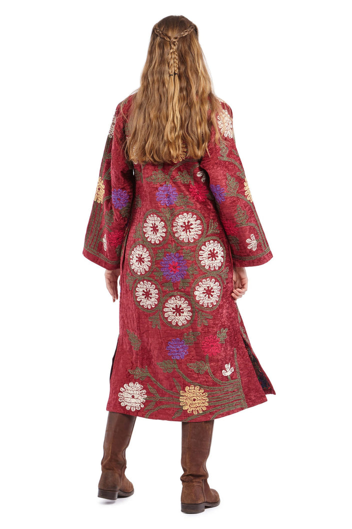 Burgundy Red and Circle Pattern Embroidered Robe | Festivalia