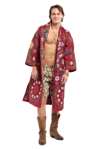 Men's Burgundy Red and Circle Pattern Embroidered Robe