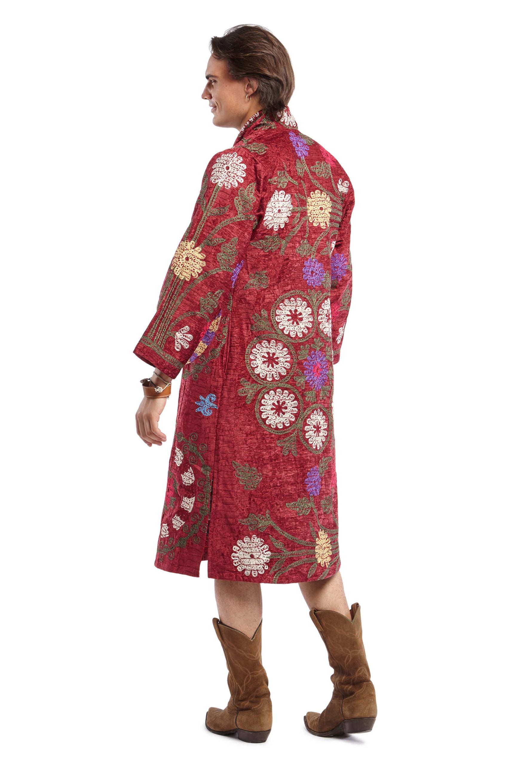 Men's Burgundy Red and Circle Pattern Embroidered Robe | Festivalia