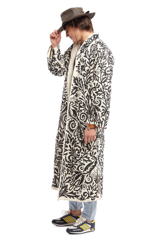 Men's Black and White Cotton Embroidered Robe