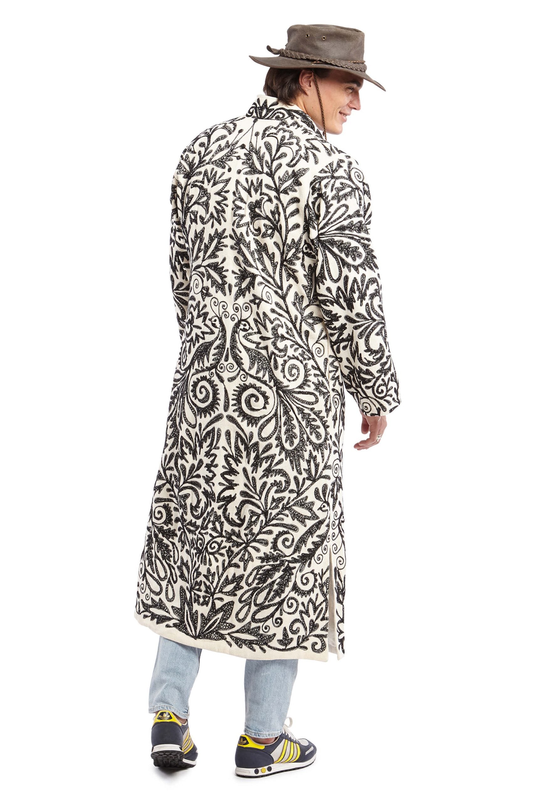 Men's Black and White Cotton Embroidered Robe | Festivalia