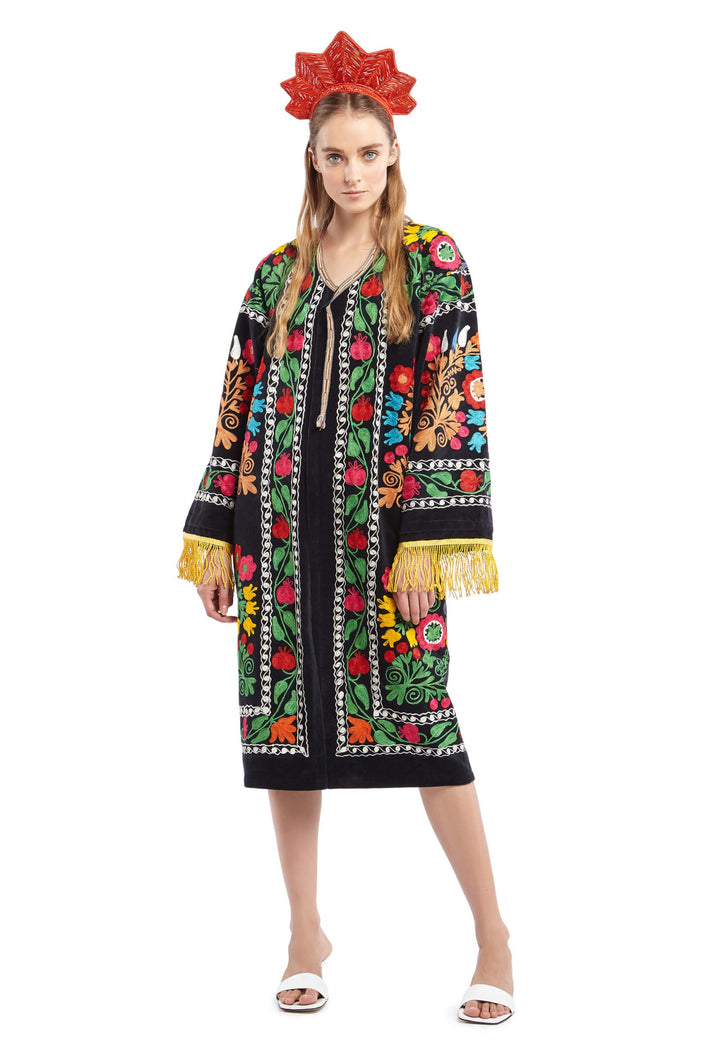 Black Velvet Embroidered Robe with Yellow Fringe Sleeves | Festivalia