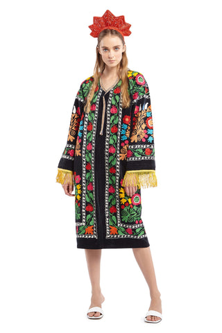 Black Velvet Embroidered Robe with Yellow Fringe Sleeves