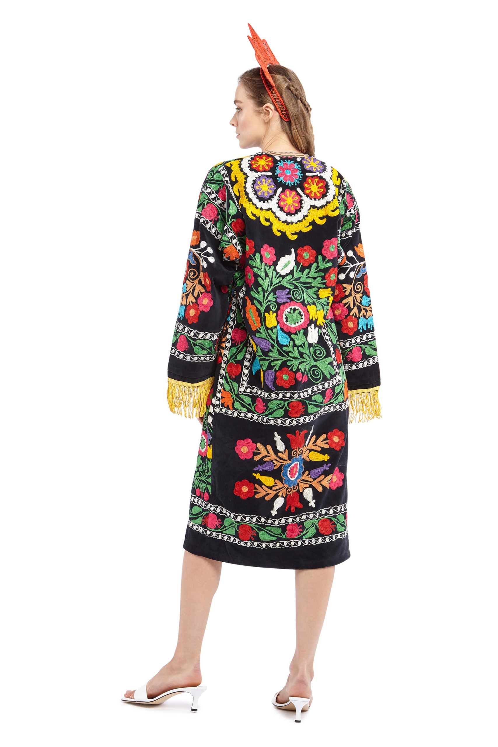 Black Velvet Embroidered Robe with Yellow Fringe Sleeves | Festivalia