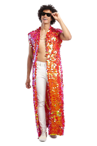 Men's Sleeveless Red Sequin Duster