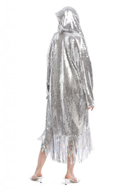 Silver Hooded Robe with Sequin Fringe | Thumbnail 2