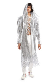 Men's Silver Hooded Sequin Robe with Fringes | Thumbnail 1