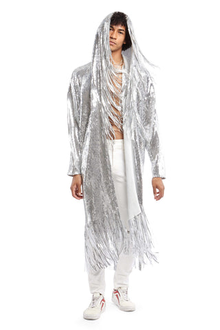 Men's Silver Hooded Sequin Robe with Fringes