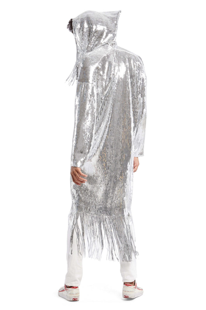 Men's Silver Hooded Sequin Robe with Fringes | Festivalia