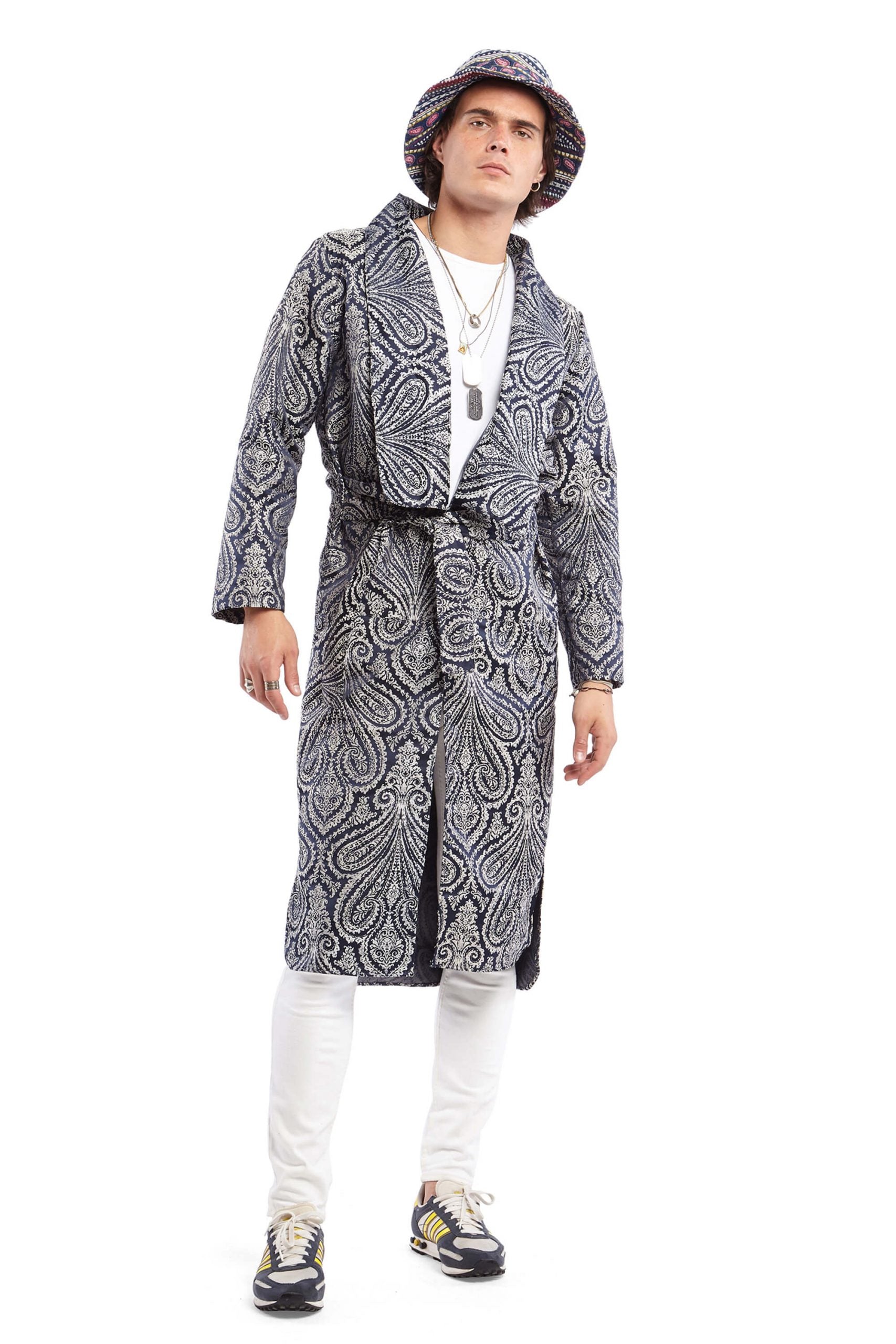 Navy Blue Printed Silk Tailcoat | Festivalia