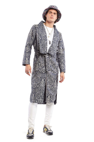 Navy Blue Printed Silk Tailcoat