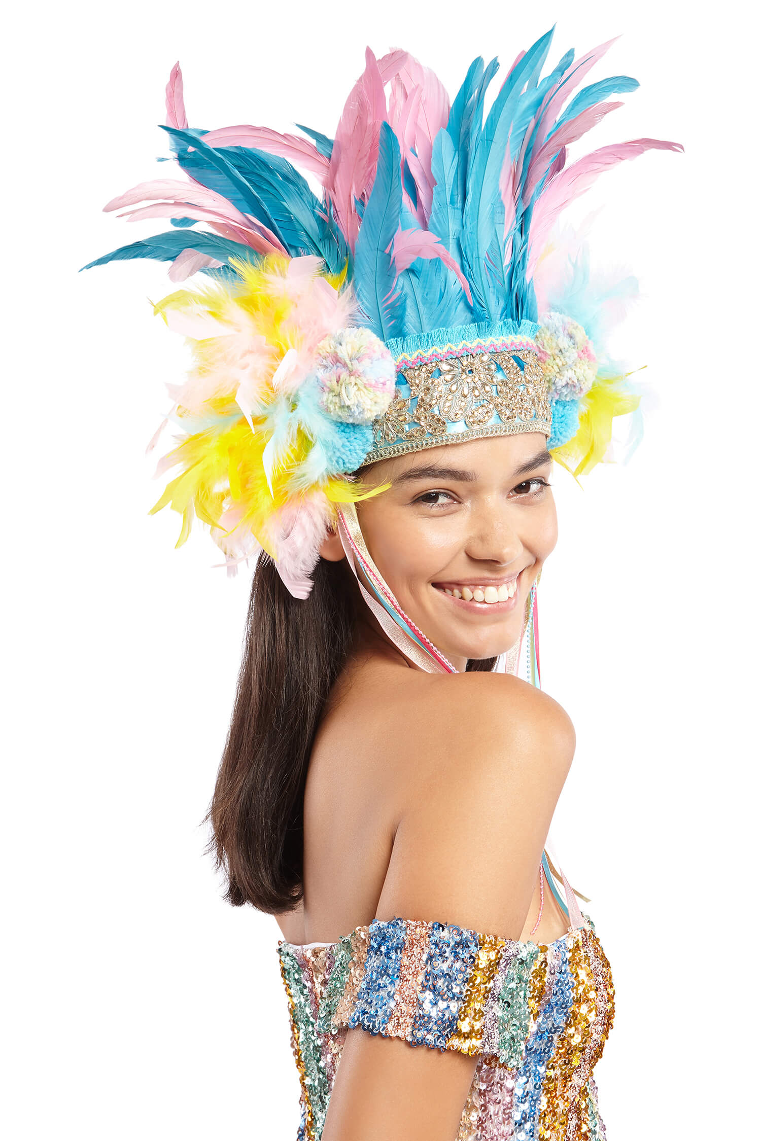 Pink and Blue Feather Headpiece with Pompoms | Festivalia