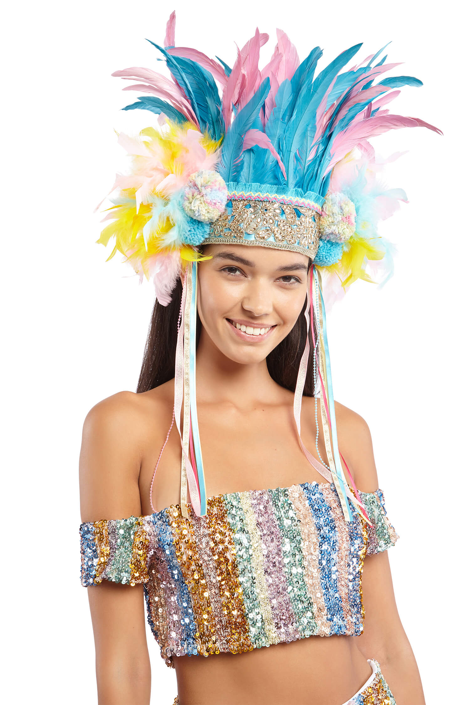 Pink and Blue Feather Headpiece with Pompoms | Festivalia