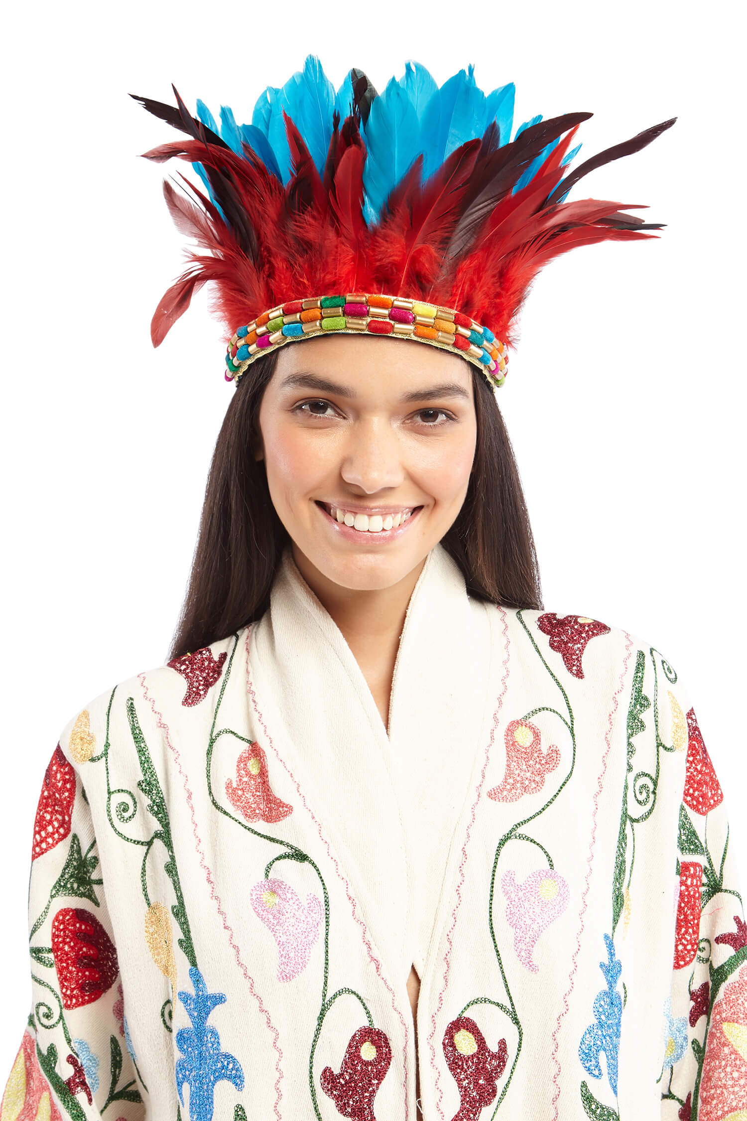 Blue and Red Feather Headpiece with Multicolour Beaded Band | Festivalia