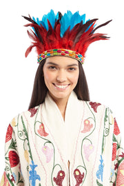 Blue and Red Feather Headpiece with Multicolour Beaded Band | Thumbnail 1