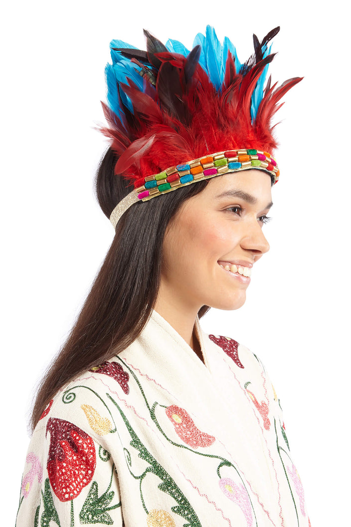 Blue and Red Feather Headpiece with Multicolour Beaded Band | Festivalia