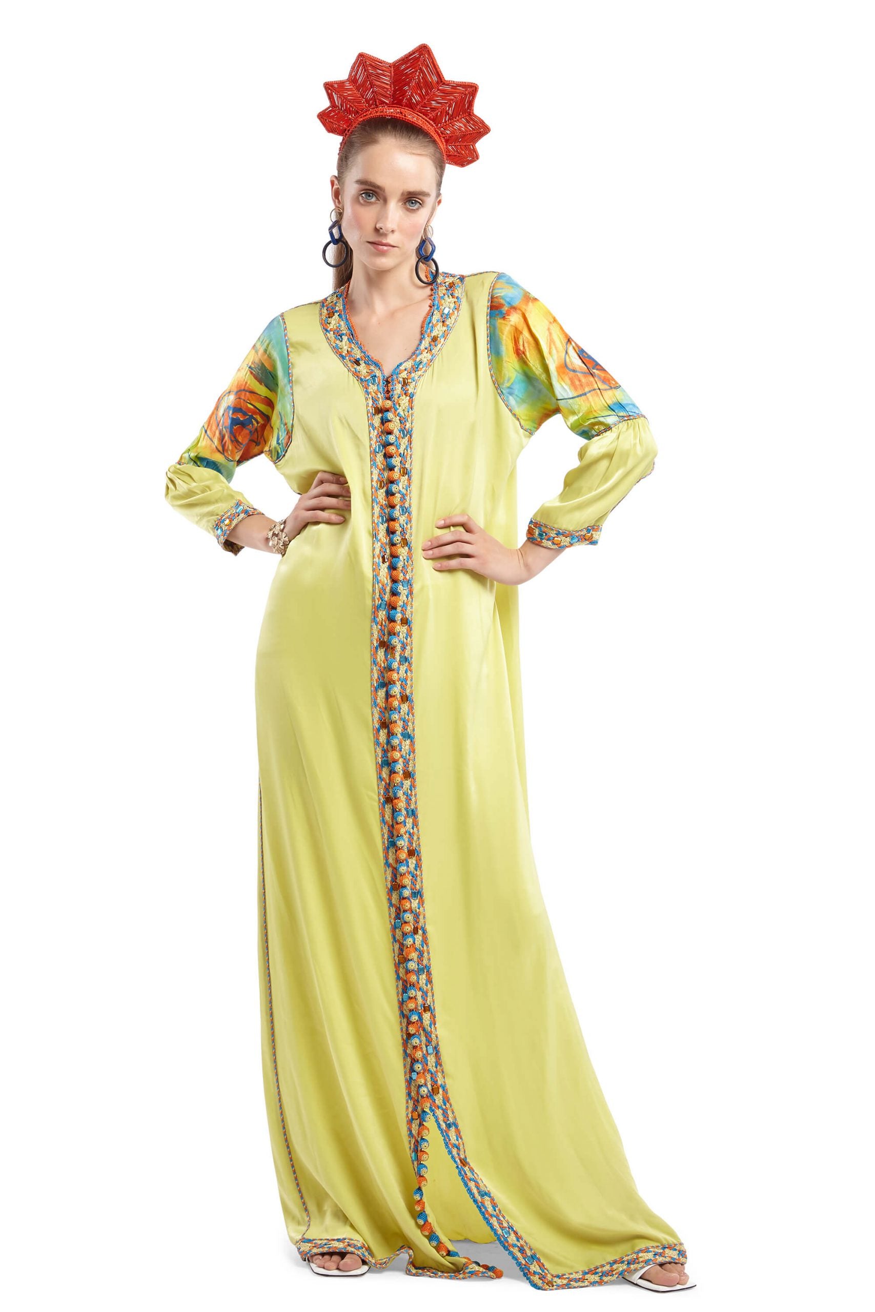 Lime Green Silk Kaftan with Multicoloured Embroidery | Festivalia
