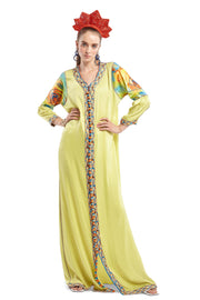 Lime Green Silk Kaftan with Multicoloured Embroidery | Thumbnail 1