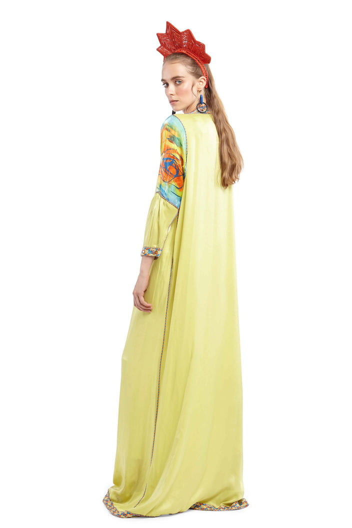 Lime Green Silk Kaftan with Multicoloured Embroidery | Festivalia