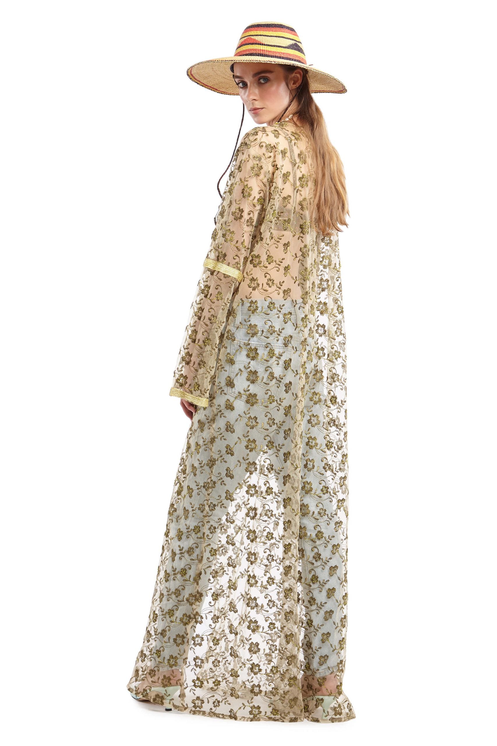 Gold Robe with Floral Applique Embroidery | Festivalia