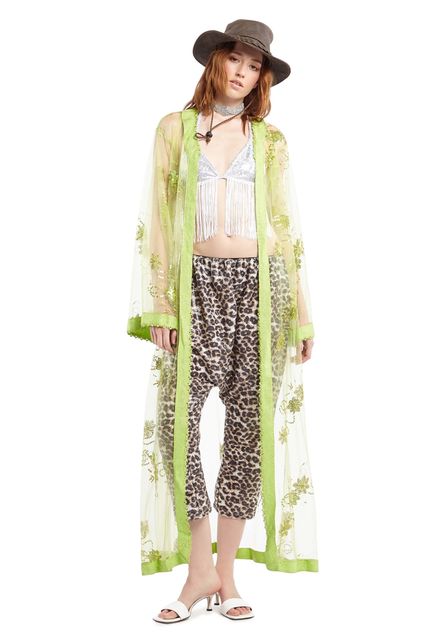Transparent Lime Green Robe with Sequin Flower Detail | Festivalia