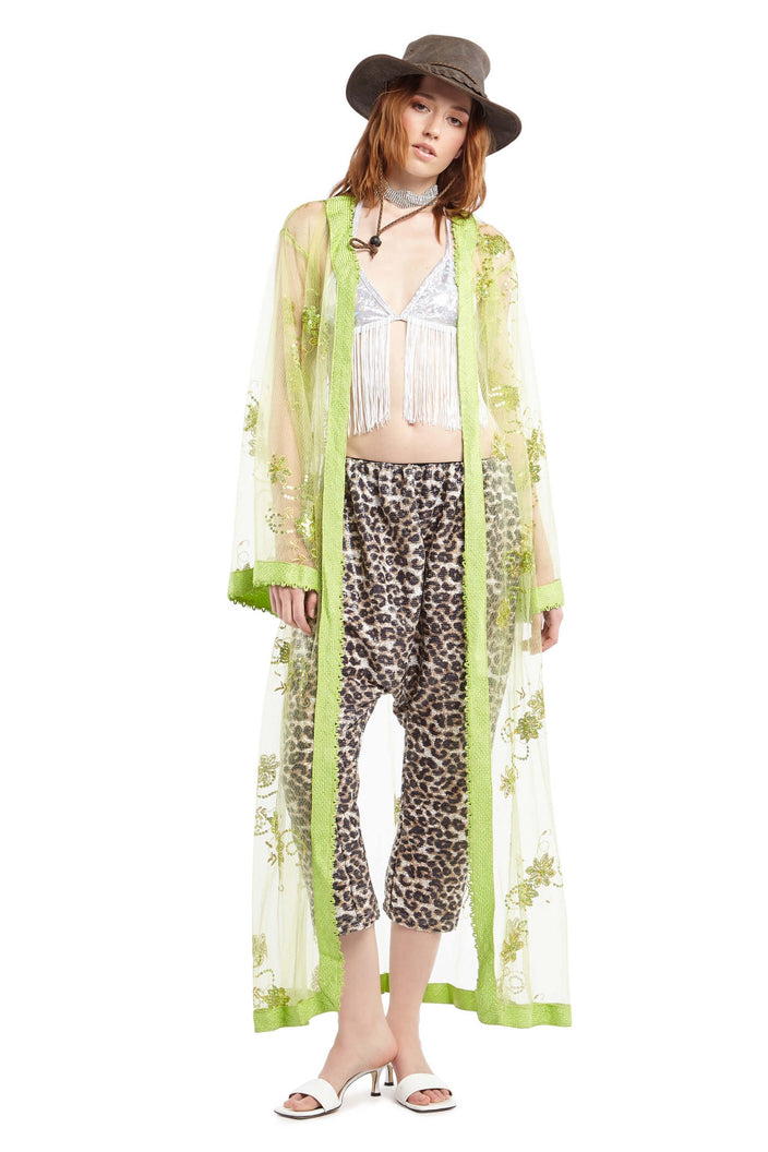 Transparent Lime Green Robe with Sequin Flower Detail | Festivalia