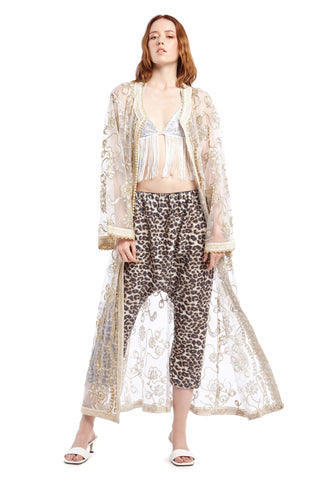 Transparent Robe with Gold and Silver Floral Embroidery
