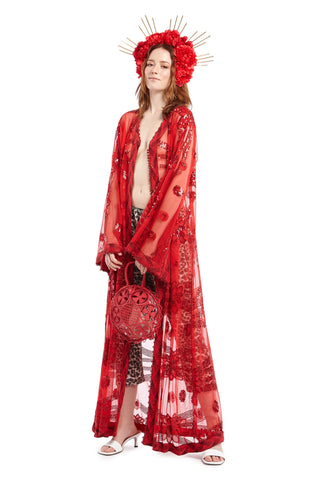 Transparent Red Silk Robe with Sequin Floral Embroidery