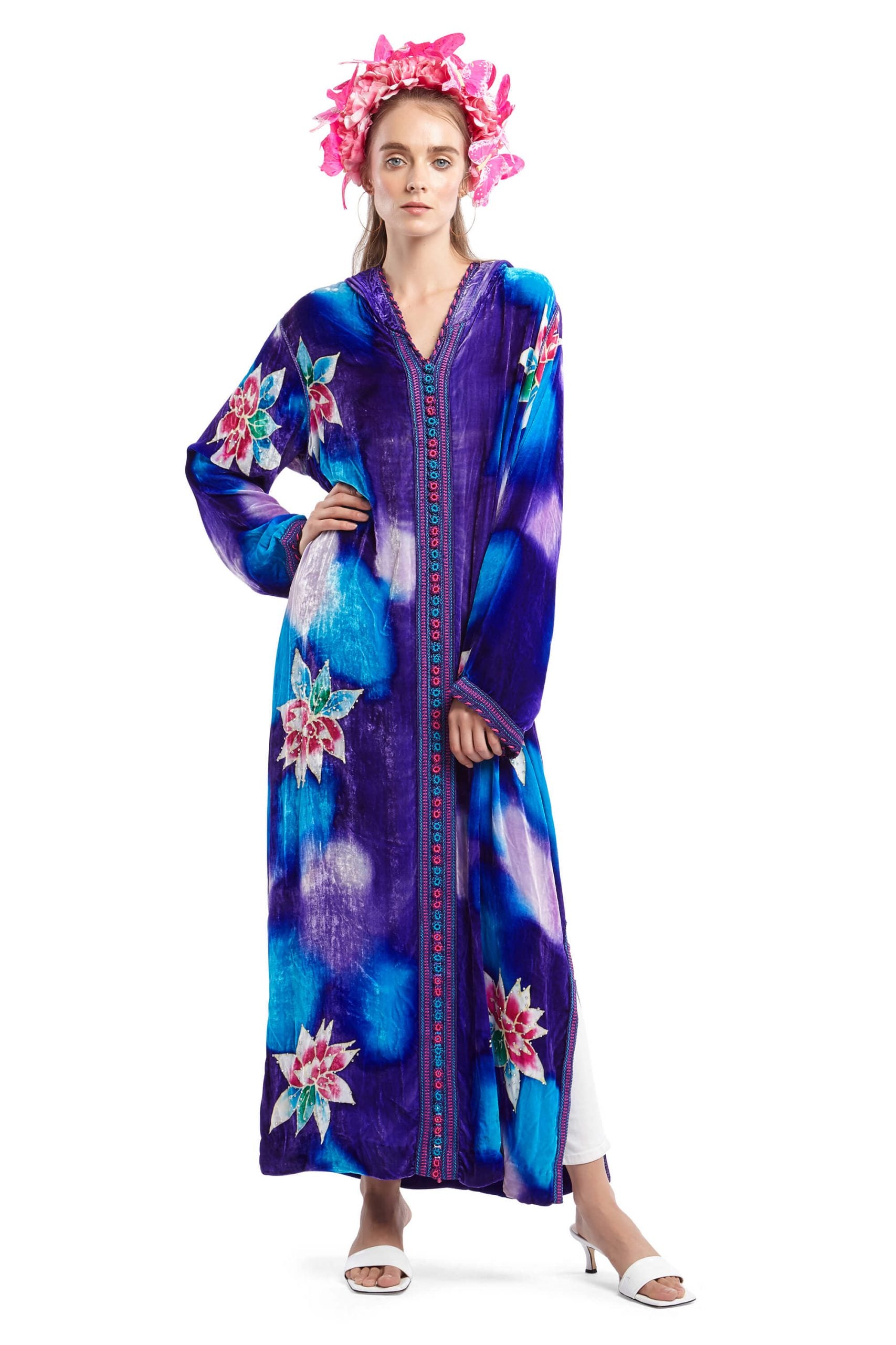 Velvet Purple and Blue Floral Print Hooded Kaftan | Festivalia
