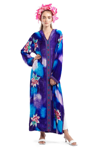 Velvet Purple and Blue Floral Print Hooded Kaftan