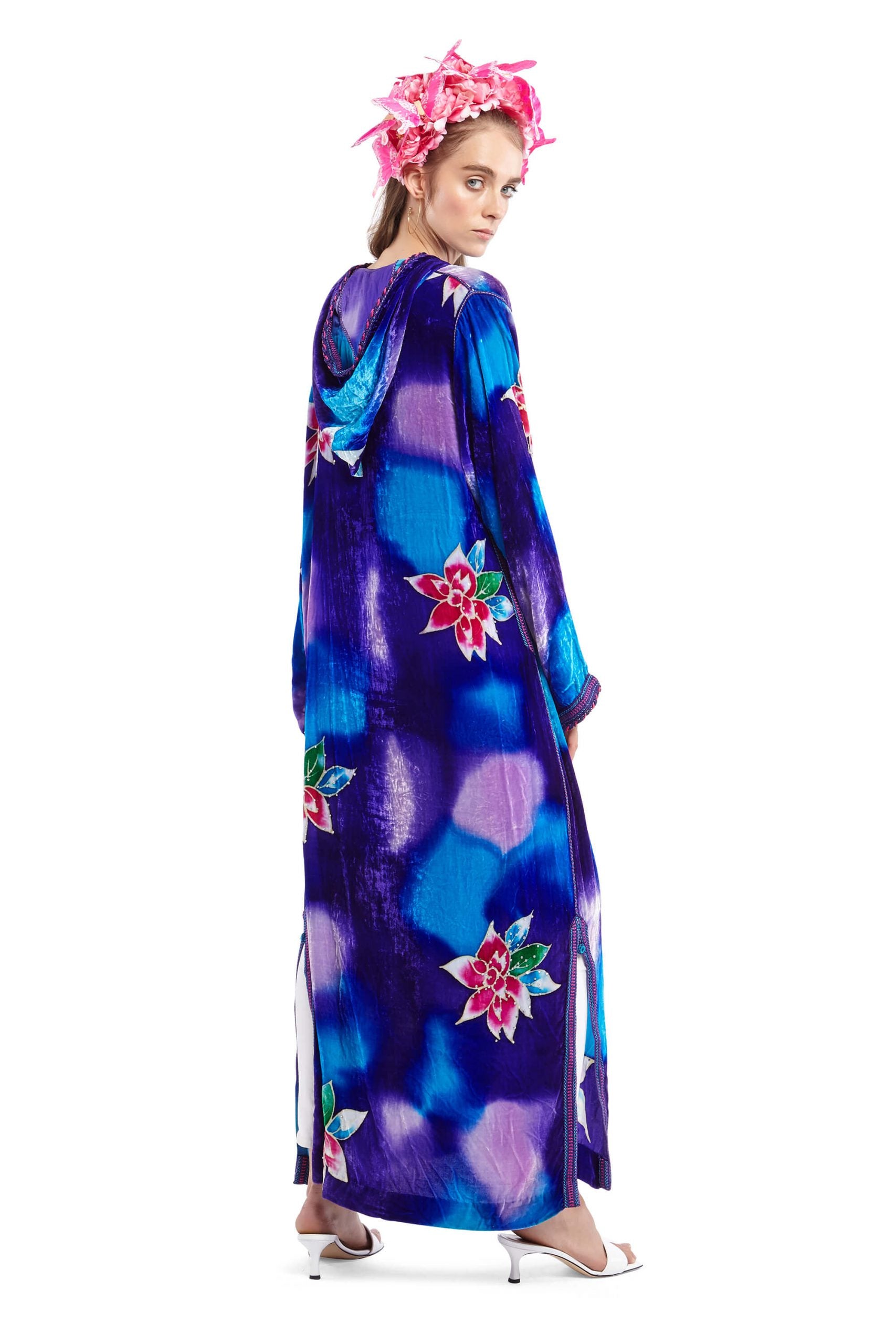 Velvet Purple and Blue Floral Print Hooded Kaftan | Festivalia