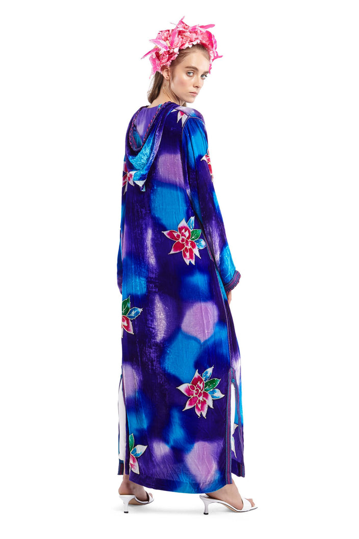 Velvet Purple and Blue Floral Print Hooded Kaftan | Festivalia