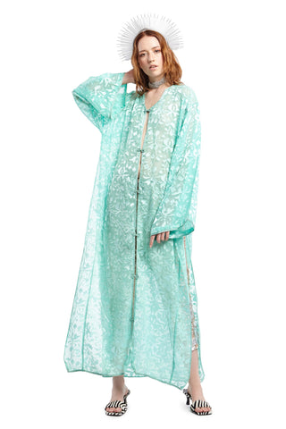 Aqua Silk Robe with Print Detail