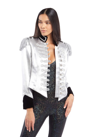 Silver Satin Jacket with Black Collar and Silver Taping