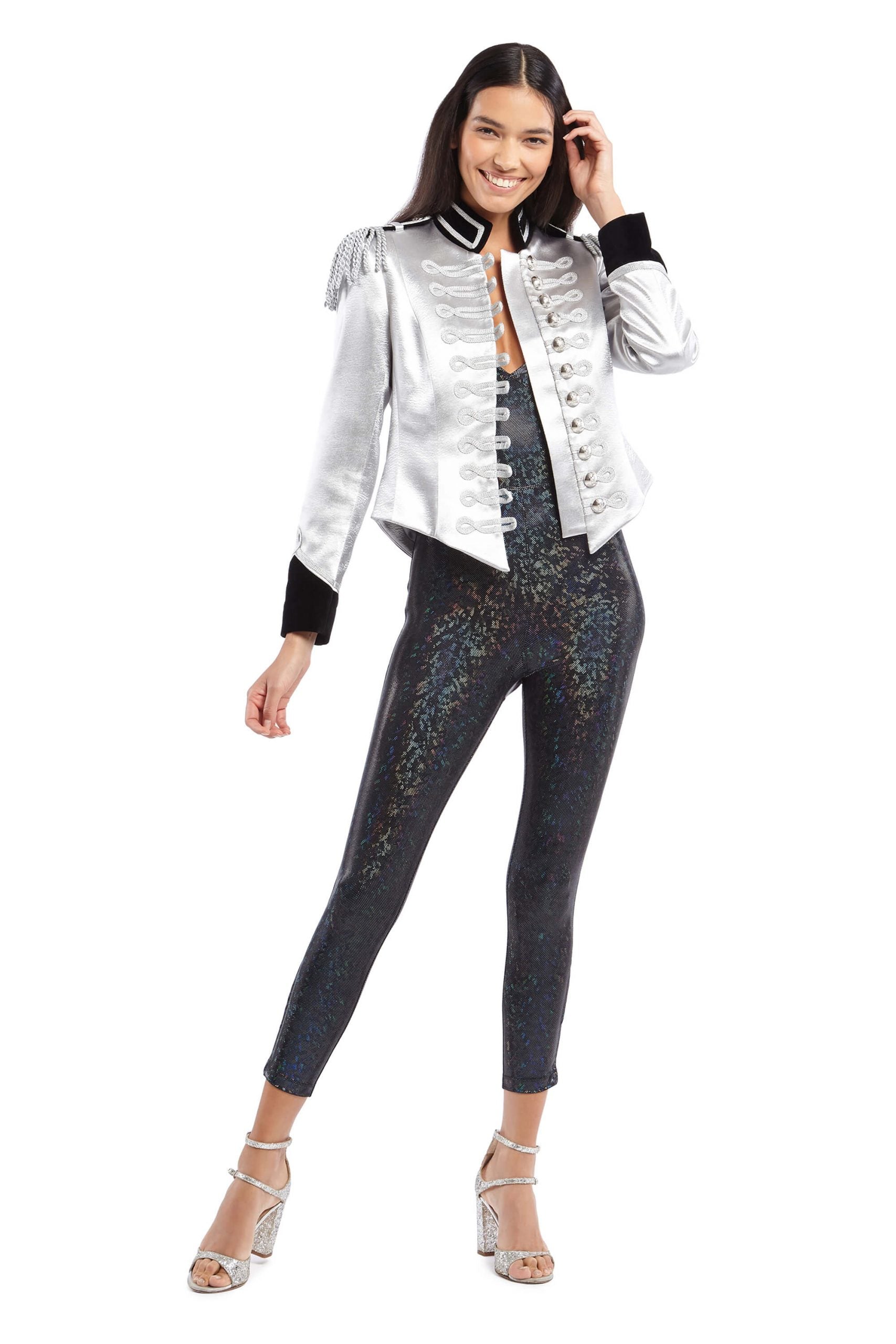Silver Satin Jacket with Black Collar and Silver Taping | Festivalia