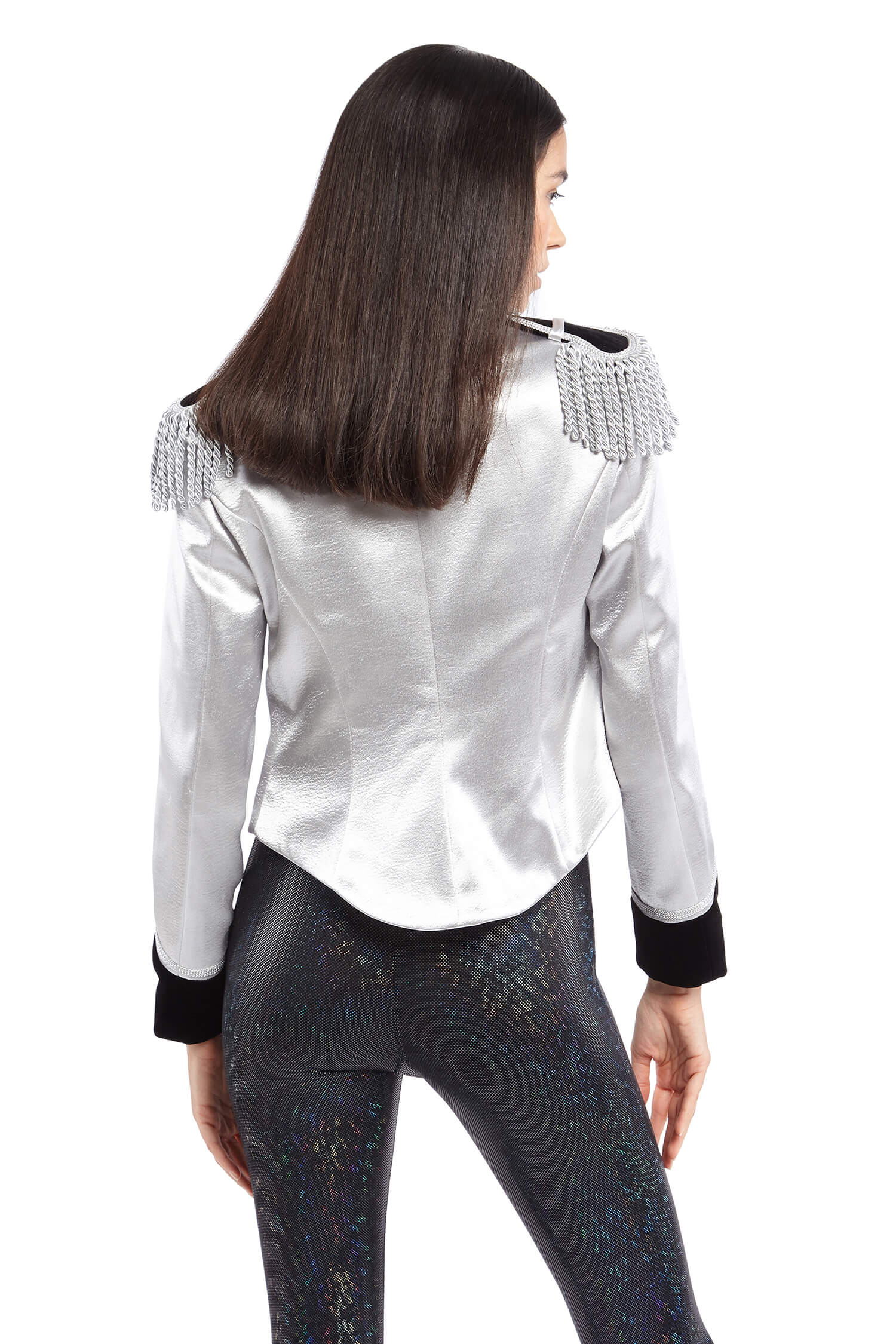 Silver Satin Jacket with Black Collar and Silver Taping | Festivalia