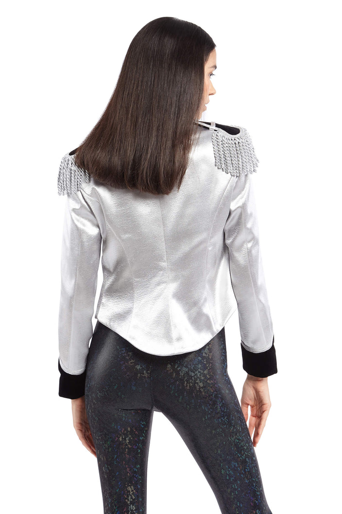 Silver Satin Jacket with Black Collar and Silver Taping | Festivalia