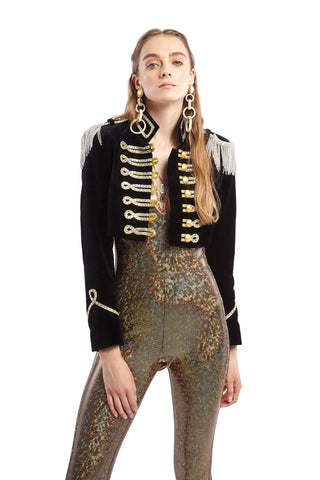 Cropped Velvet Military Jacket with Rhinestone Detail and Gold Taping