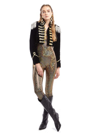 Cropped Velvet Military Jacket with Rhinestone Detail and Gold Taping | Thumbnail 2