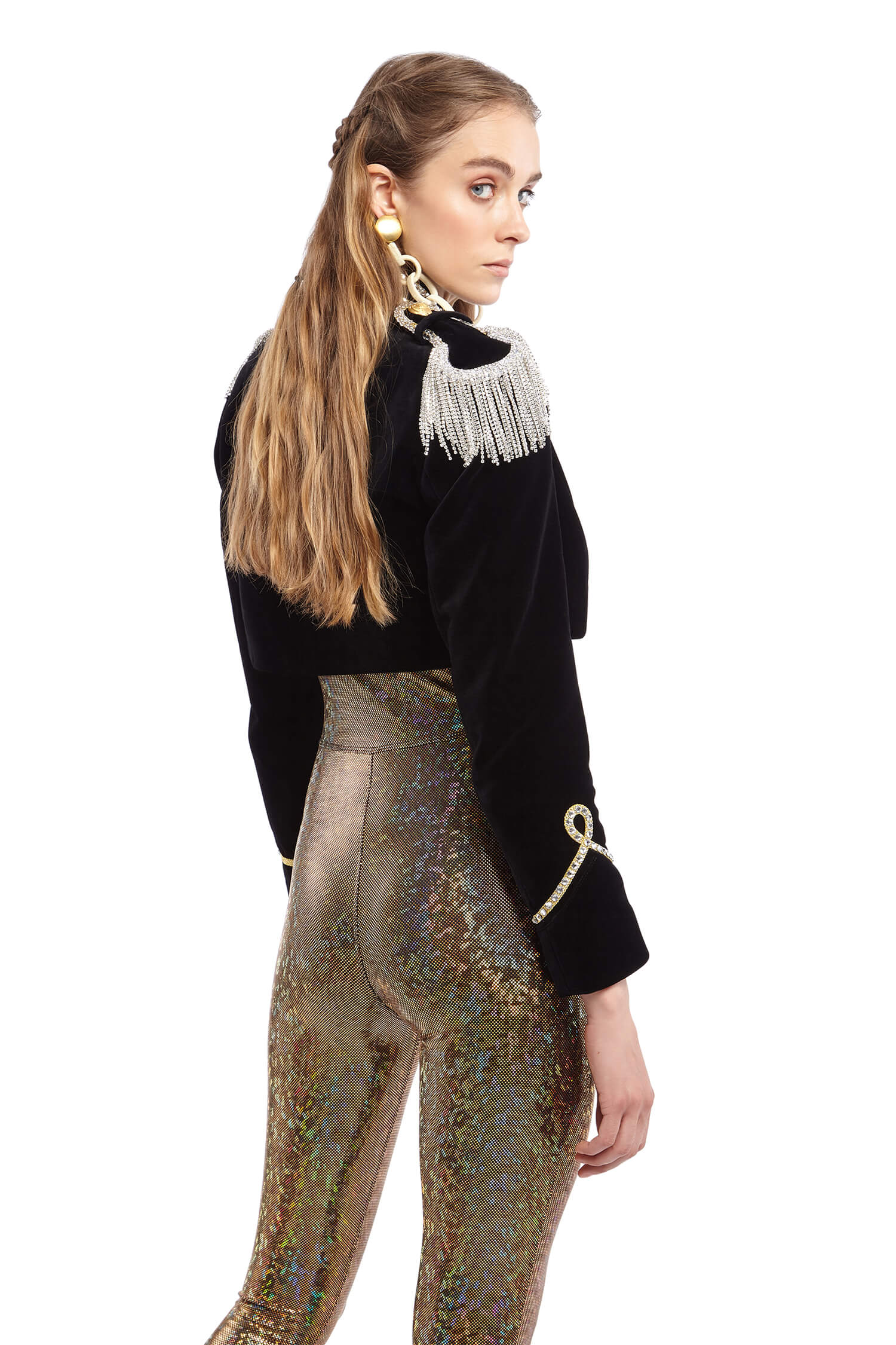 Cropped Velvet Military Jacket with Rhinestone Detail and Gold Taping | Festivalia