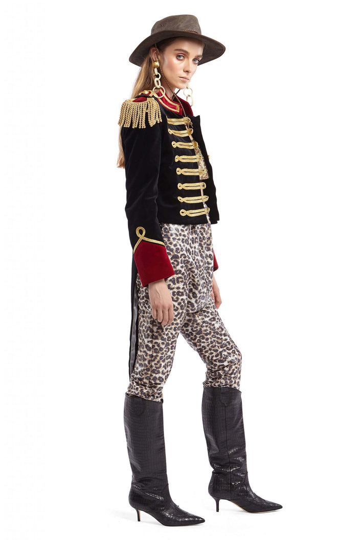 Black Velvet Tailcoat with Red Collar and Gold Taping | Festivalia